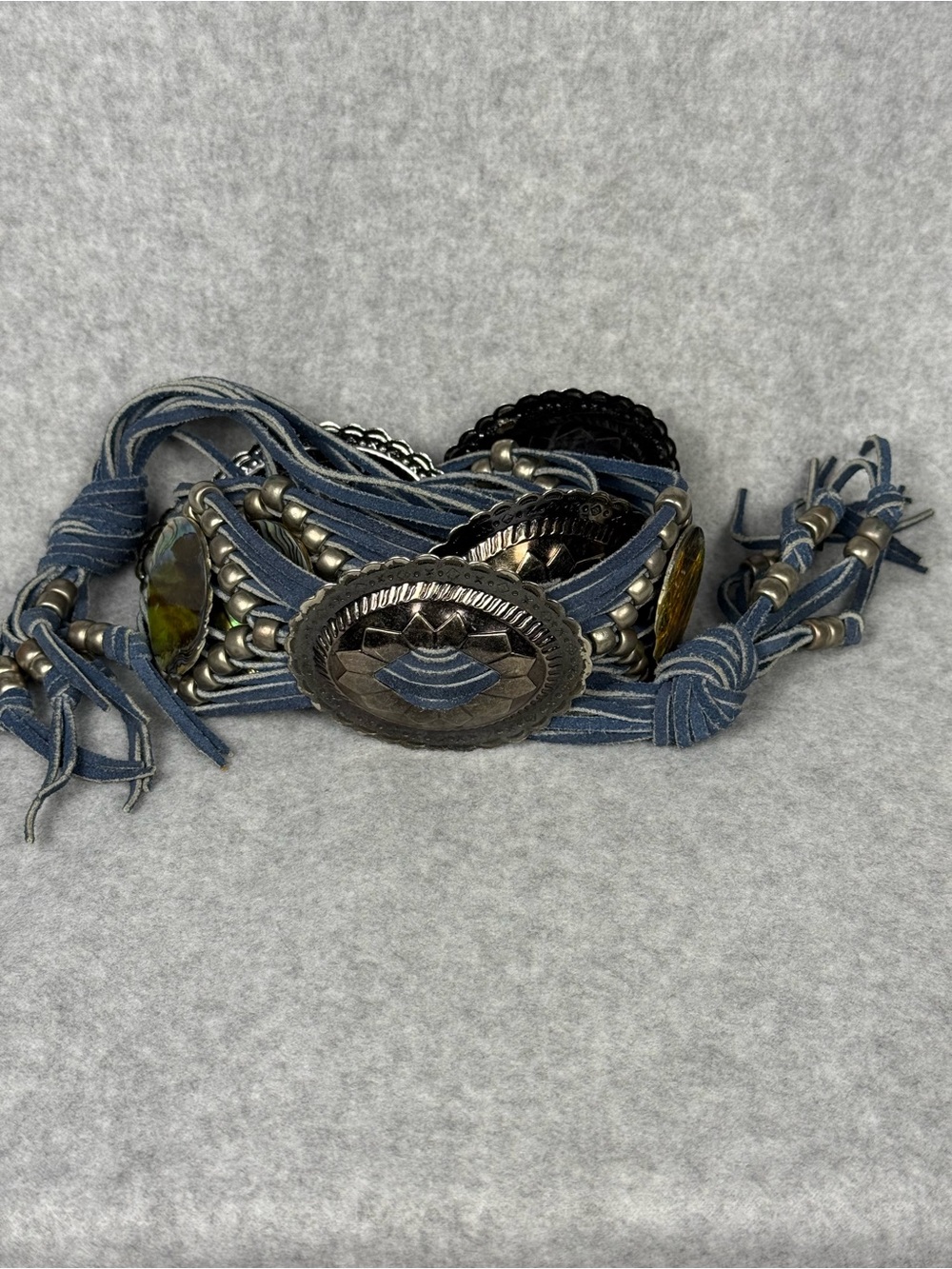 Boho Western Concho Tie Belt Blue Suede Leather 52” Silver Tone Medallion